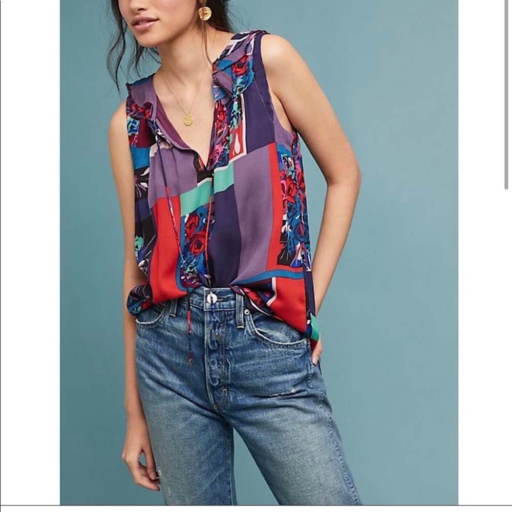 Anthropologie- floral patchwork sleeveless blouse Medium